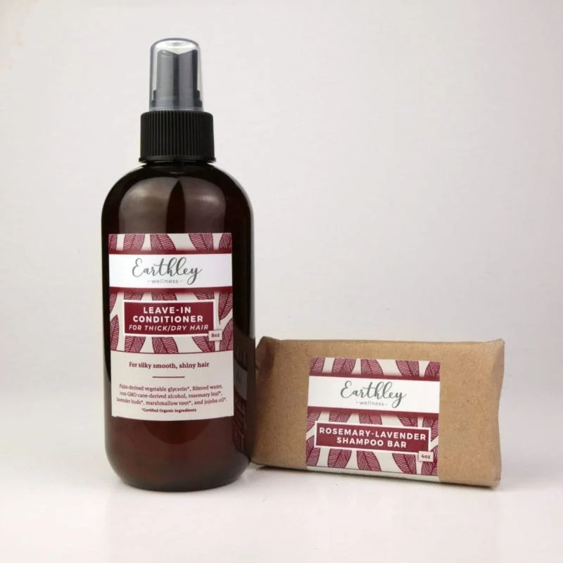 Earthley shampoo bar and leave-in conditioner combo set.