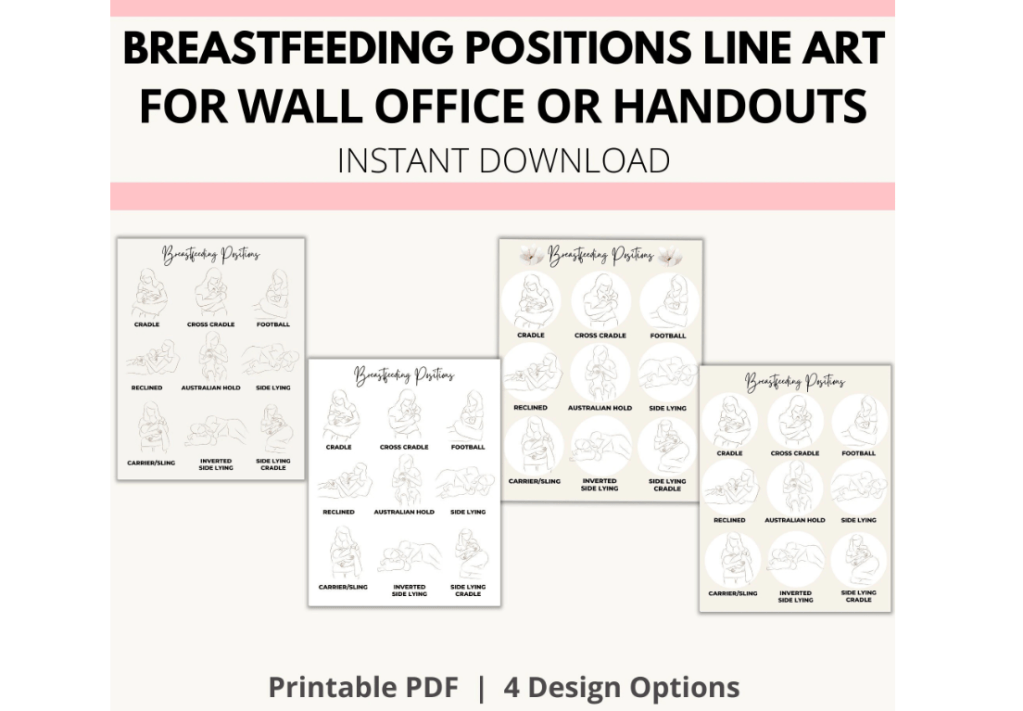 Breastfeeding positions line art for wall office of handouts.